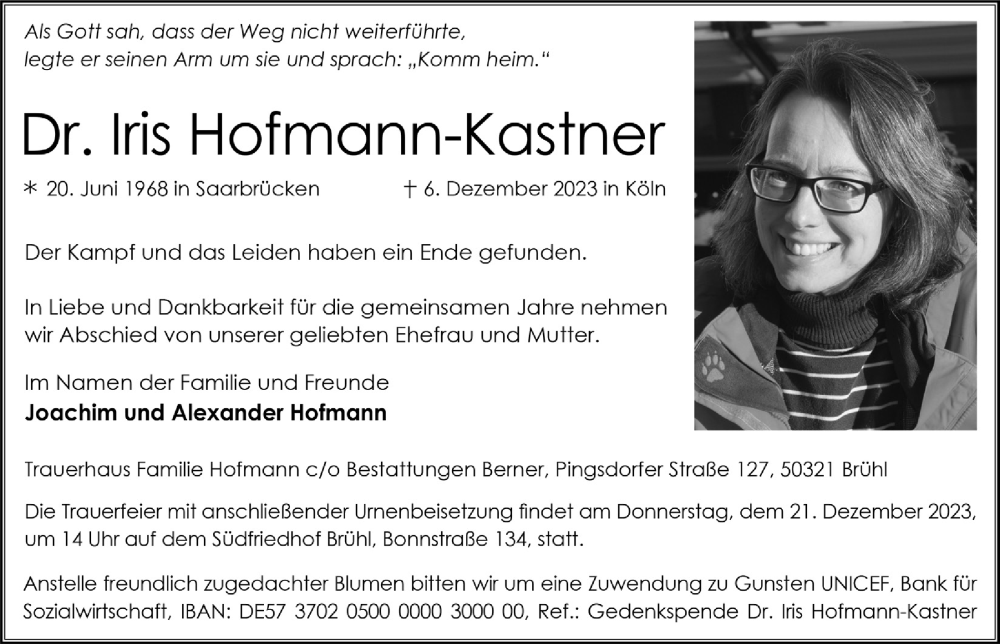  Traueranzeige für Iris Hofmann-Kastner vom 16.12.2023 aus  Schlossbote/Werbekurier 
