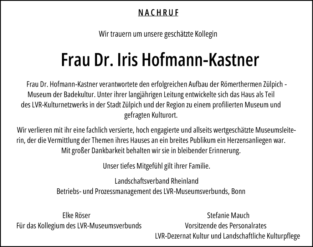  Traueranzeige für Iris Hofmann-Kastner vom 23.12.2023 aus  Schlossbote/Werbekurier 