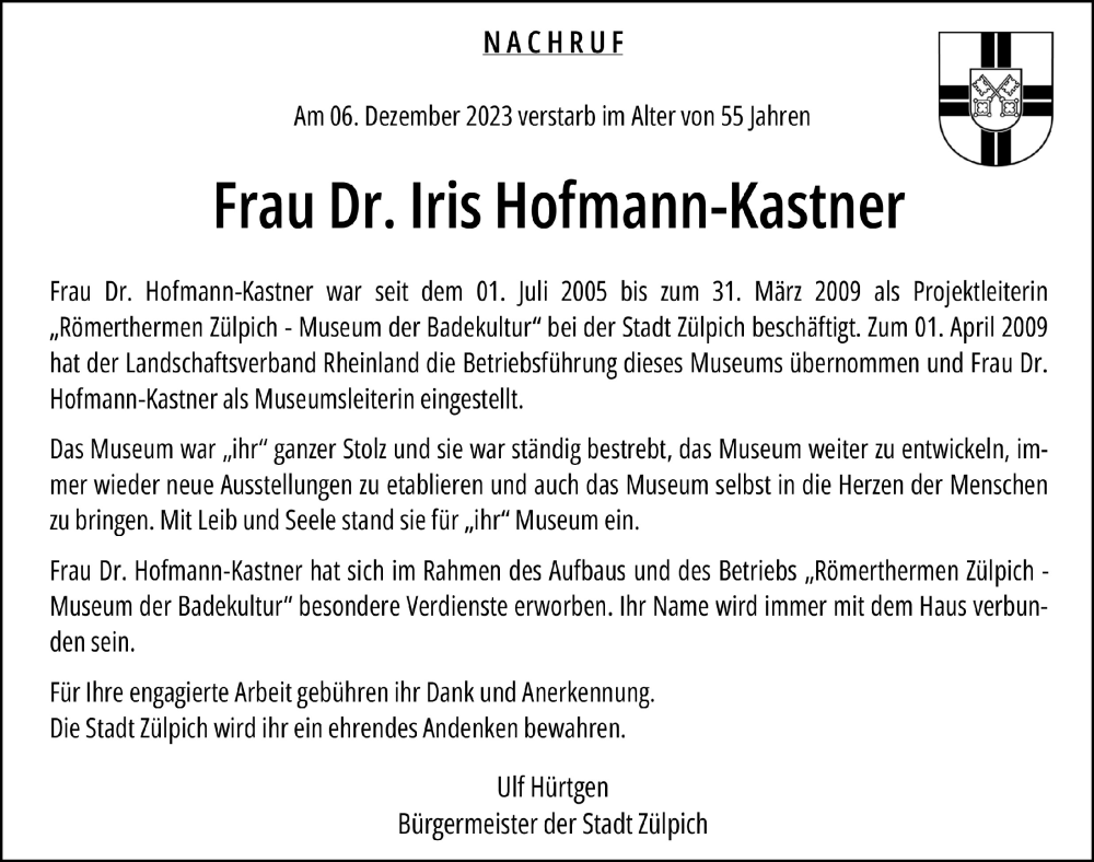  Traueranzeige für Iris Hofmann-Kastner vom 23.12.2023 aus  Schlossbote/Werbekurier 