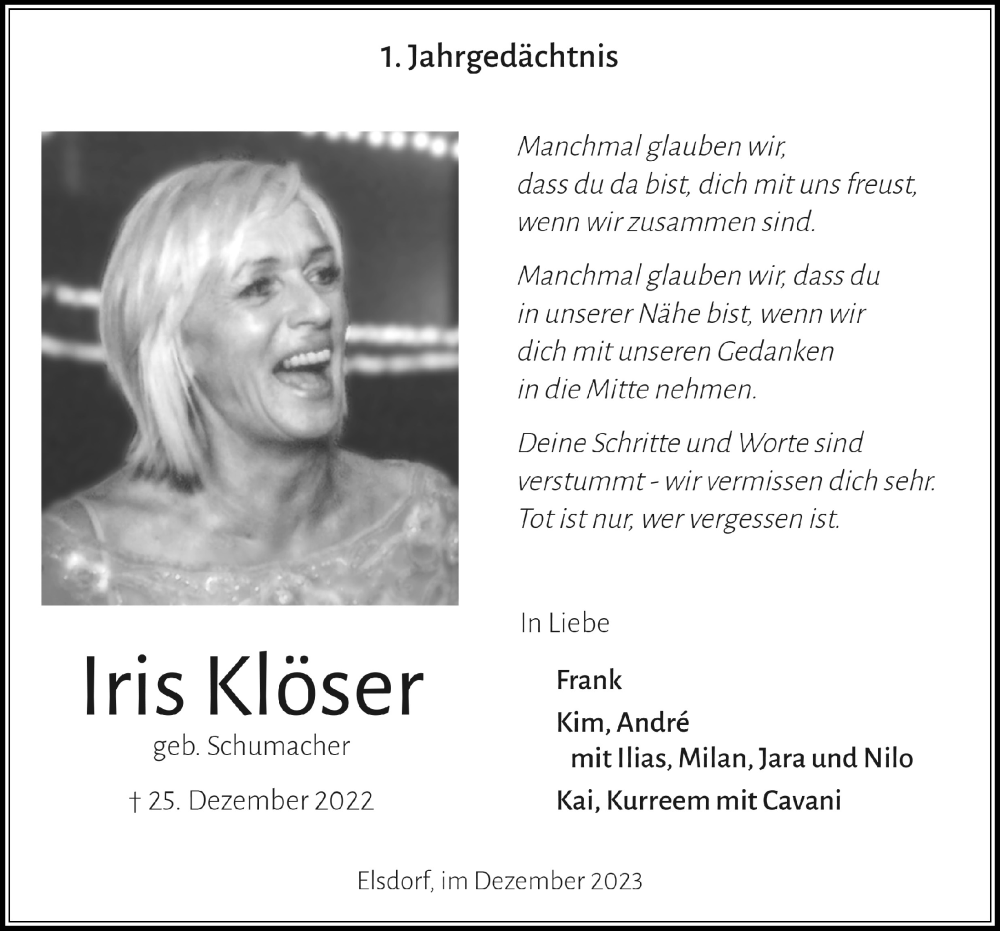  Traueranzeige für Iris Klöser vom 18.07.2023 aus  Werbepost 