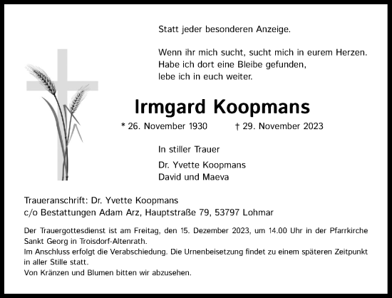 Anzeige von Irmgard Koopmans von Kölner Stadt-Anzeiger / Kölnische Rundschau / Express