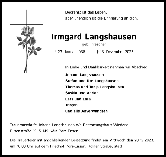 Anzeige von Irmgard Langshausen von Kölner Stadt-Anzeiger / Kölnische Rundschau / Express