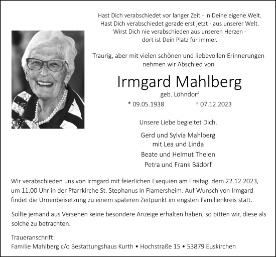 Anzeige von Irmgard Mahlberg von  Blickpunkt Euskirchen 