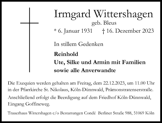 Anzeige von Irmgard Wittershagen von Kölner Stadt-Anzeiger / Kölnische Rundschau / Express