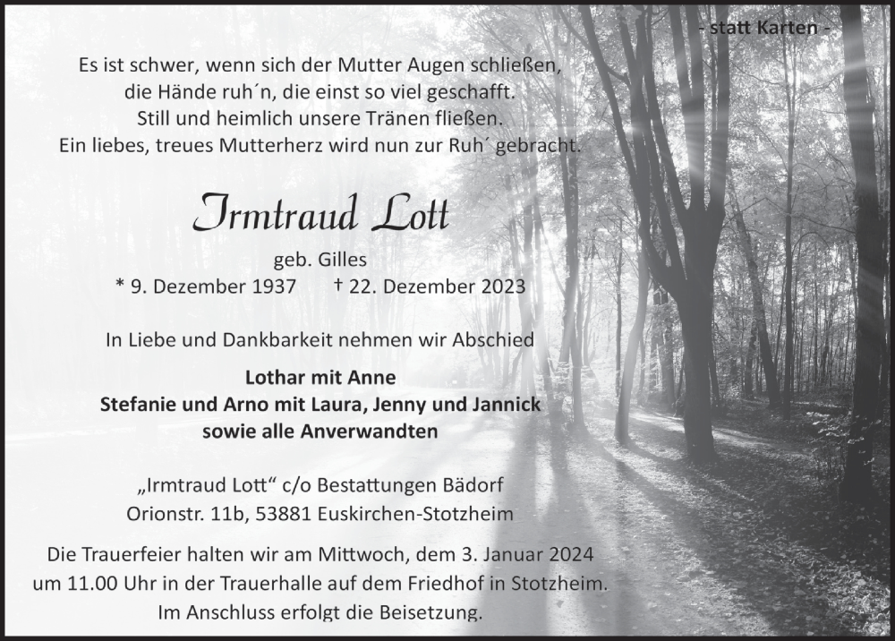 Traueranzeige für Irmtraud Lott vom 30.12.2023 aus  Blickpunkt Euskirchen 