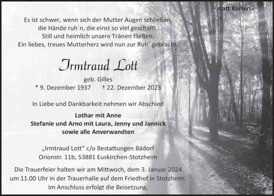 Anzeige von Irmtraud Lott von  Blickpunkt Euskirchen 