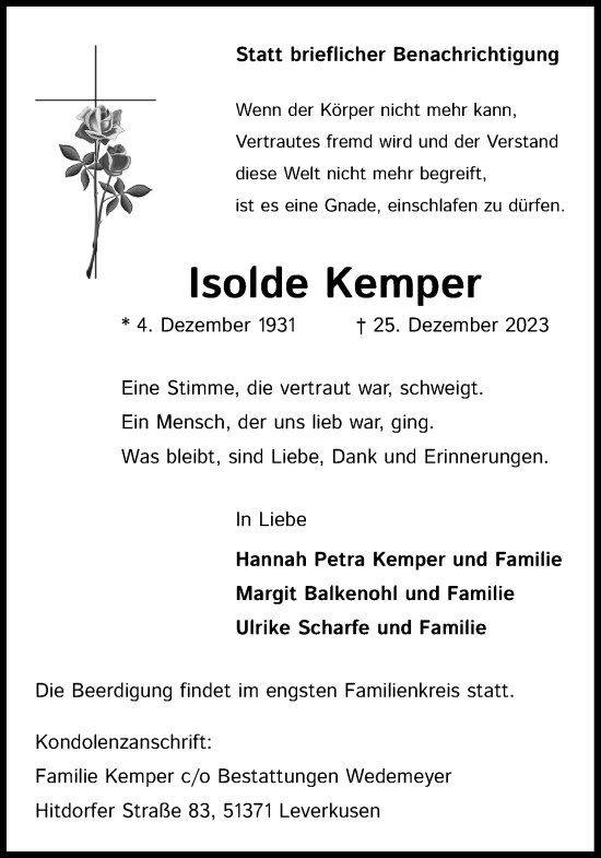 Anzeige von Isolde Kemper von Kölner Stadt-Anzeiger / Kölnische Rundschau / Express