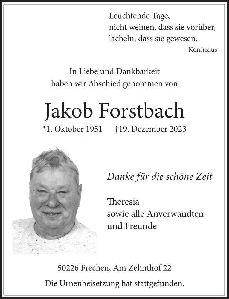  Traueranzeige für Jakob Forstbach vom 29.12.2023 aus  Wochenende 