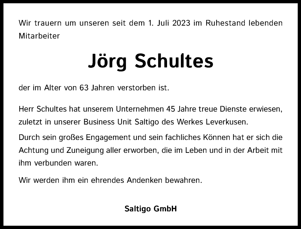  Traueranzeige für Jörg Schultes vom 22.12.2023 aus Kölner Stadt-Anzeiger / Kölnische Rundschau / Express