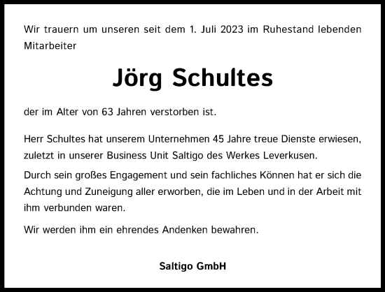 Anzeige von Jörg Schultes von Kölner Stadt-Anzeiger / Kölnische Rundschau / Express