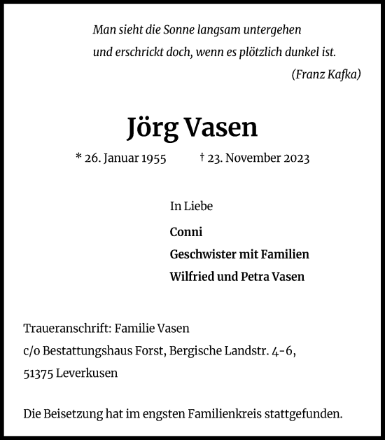 Anzeige von Jörg Vasen von Kölner Stadt-Anzeiger / Kölnische Rundschau / Express