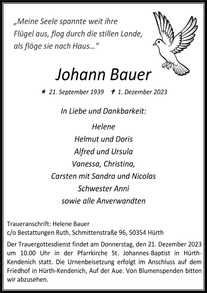  Traueranzeige für Johann Bauer vom 08.12.2023 aus  Wochenende 