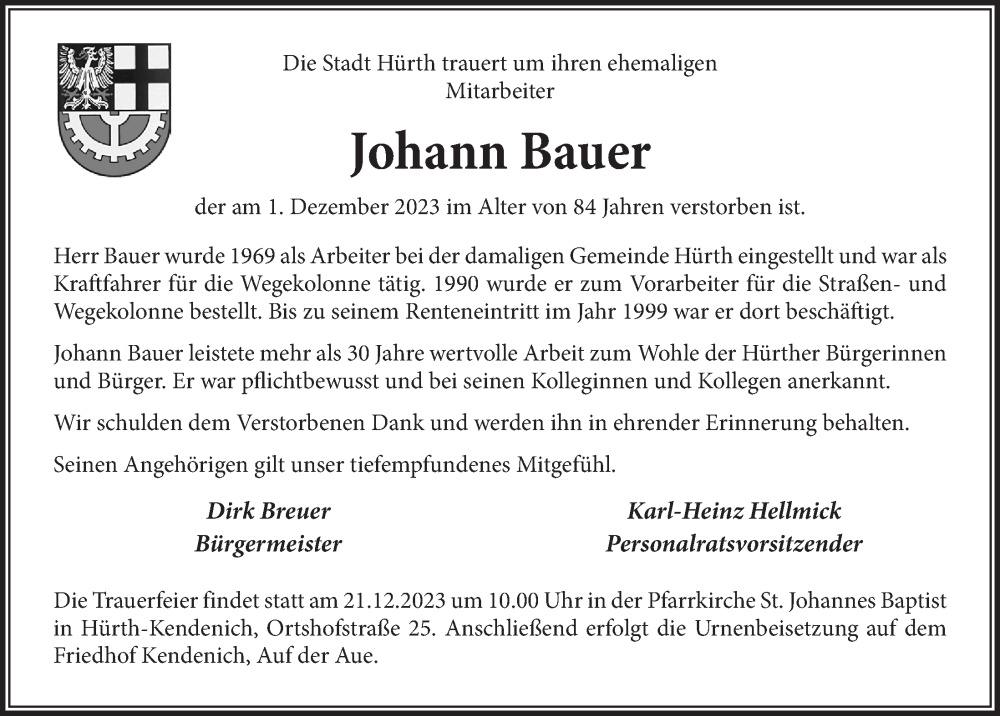  Traueranzeige für Johann Bauer vom 15.12.2023 aus  Wochenende 