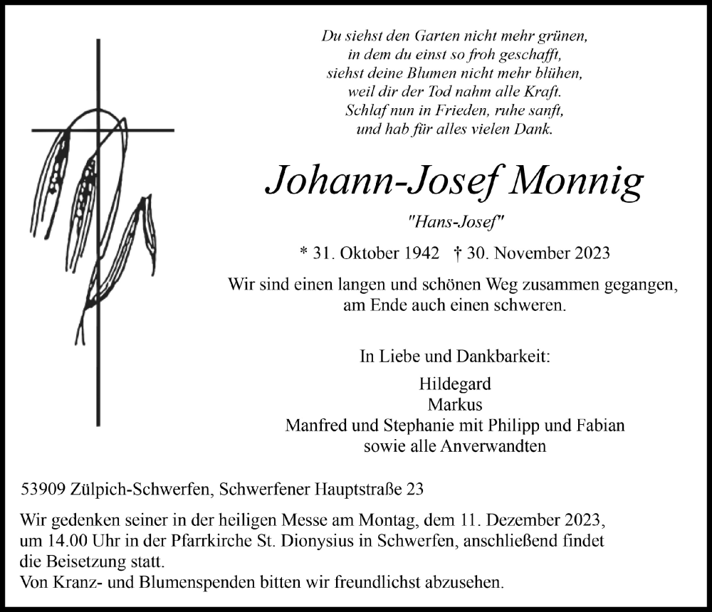  Traueranzeige für Johann-Josef Monnig vom 09.12.2023 aus  Blickpunkt Euskirchen 