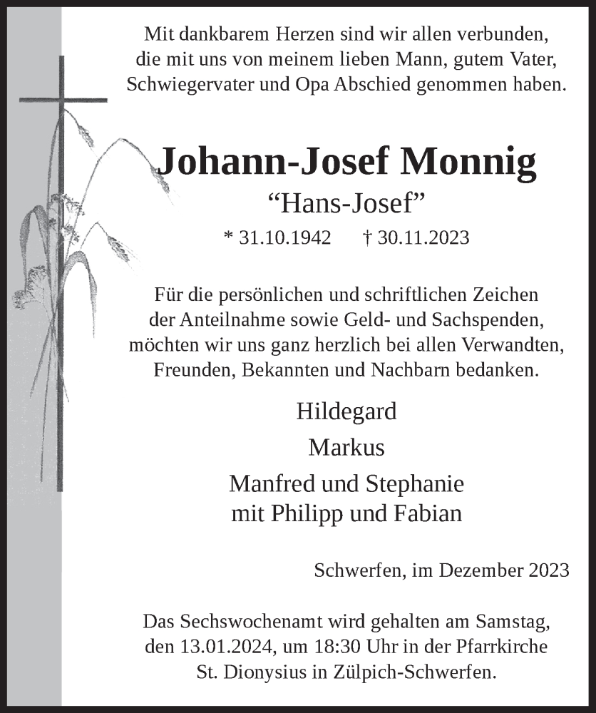  Traueranzeige für Johann-Josef Monnig vom 30.12.2023 aus  Blickpunkt Euskirchen 
