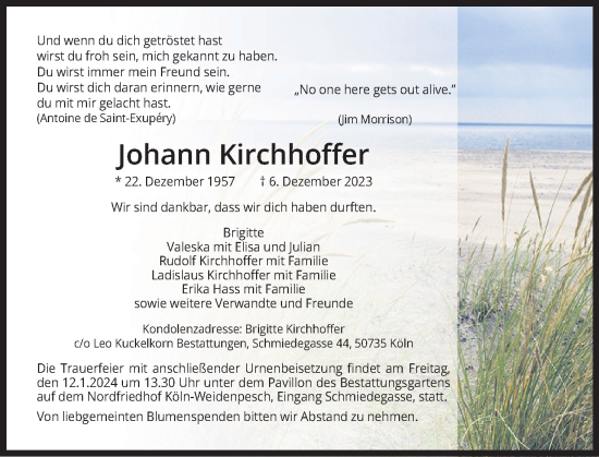 Anzeige von Johann Kirchhoffer von Kölner Stadt-Anzeiger / Kölnische Rundschau / Express