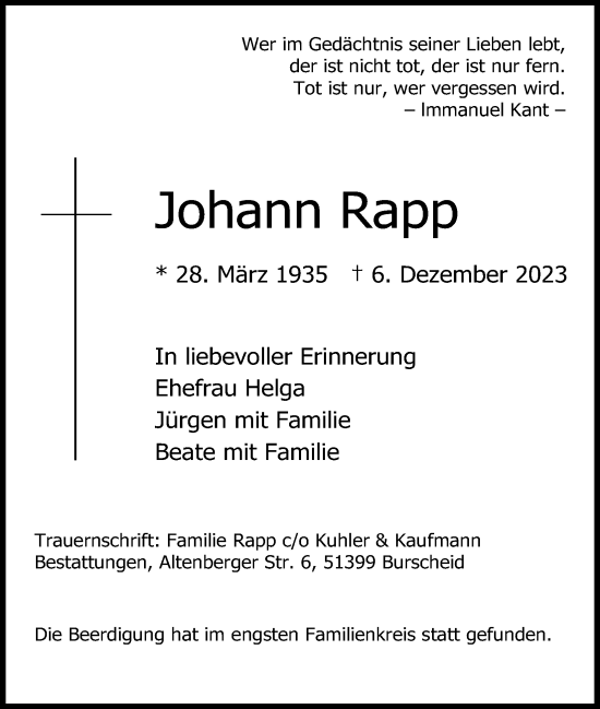 Anzeige von Johann Rapp von Kölner Stadt-Anzeiger / Kölnische Rundschau / Express