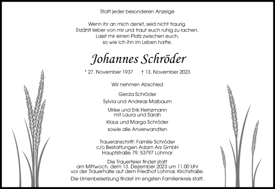 Anzeige von Johannes Schröder von Kölner Stadt-Anzeiger / Kölnische Rundschau / Express