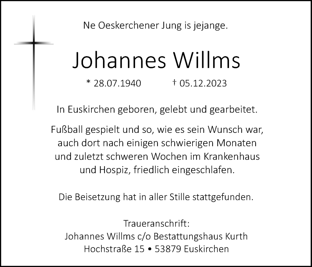  Traueranzeige für Johannes Willms vom 30.12.2023 aus Kölner Stadt-Anzeiger / Kölnische Rundschau / Express