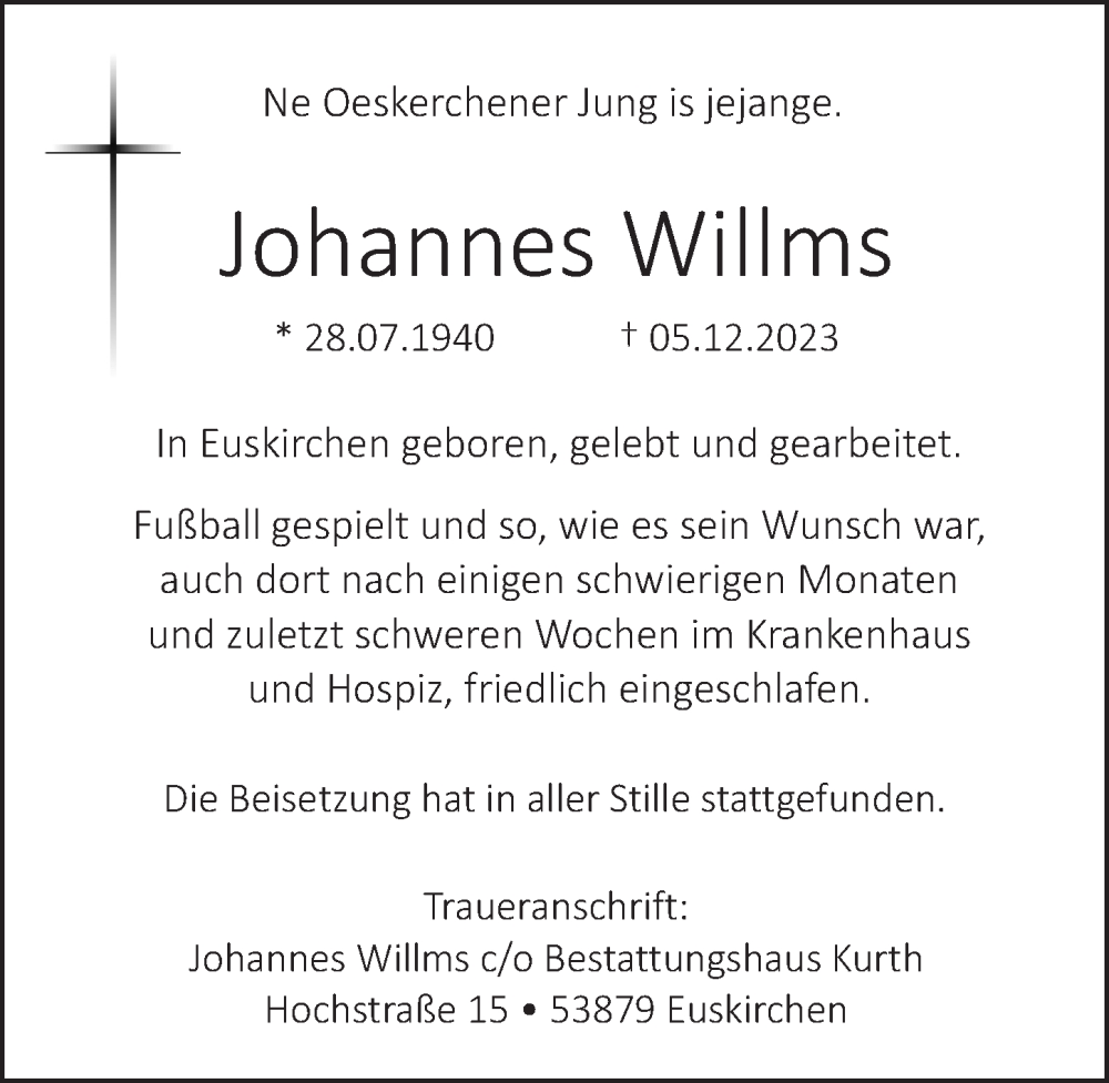  Traueranzeige für Johannes Willms vom 30.12.2023 aus  Blickpunkt Euskirchen 