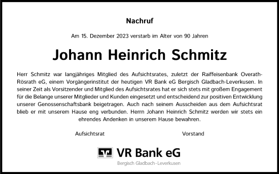 Anzeige von Johann Heinrich Schmitz von Kölner Stadt-Anzeiger / Kölnische Rundschau / Express