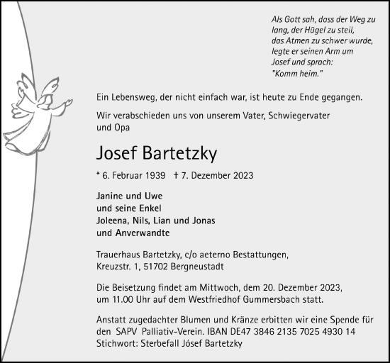 Anzeige von Josef Bartetzky von  Anzeigen Echo 