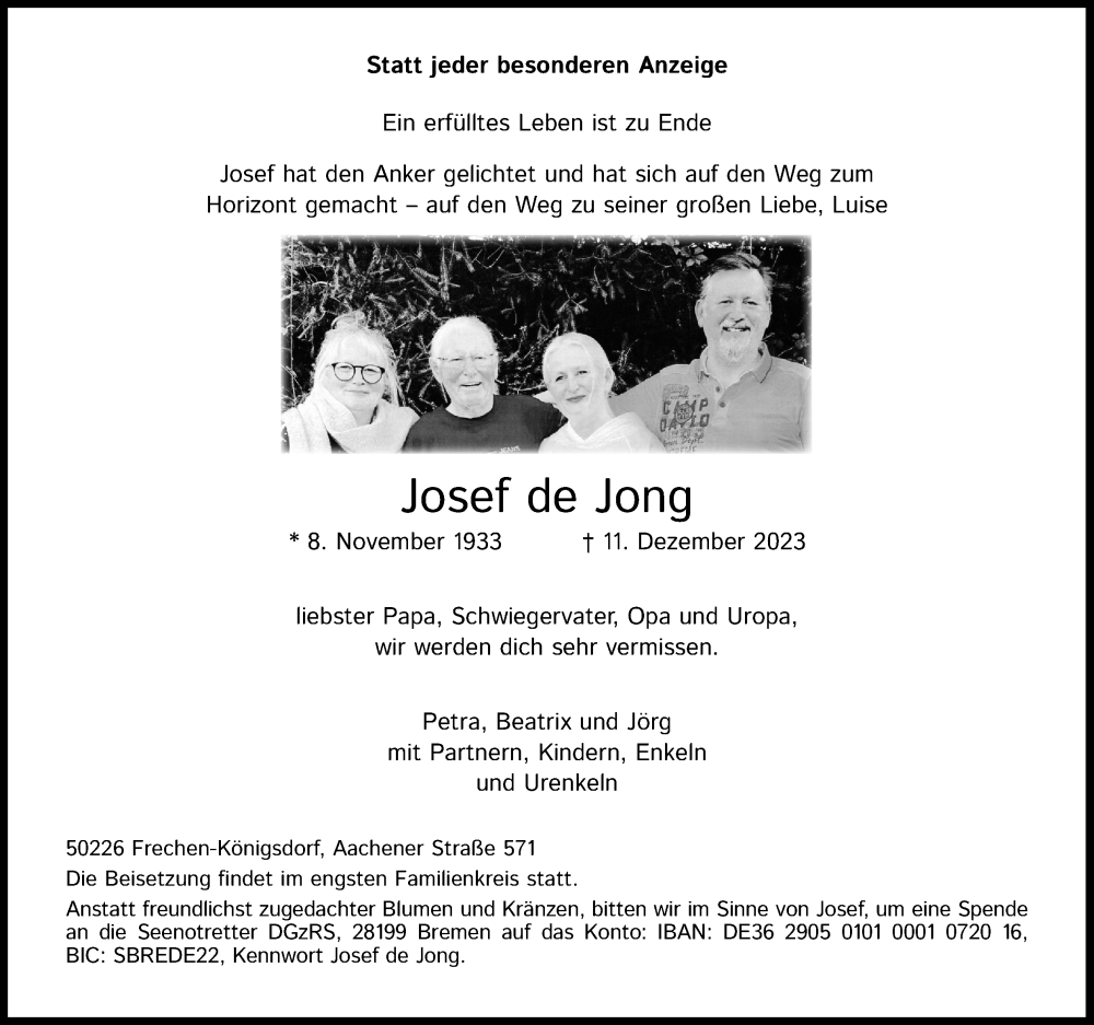  Traueranzeige für Josef de Jong vom 16.12.2023 aus Kölner Stadt-Anzeiger / Kölnische Rundschau / Express