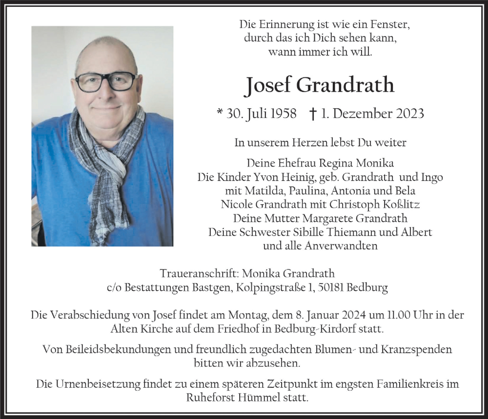  Traueranzeige für Josef Grandrath vom 29.12.2023 aus  Werbepost 