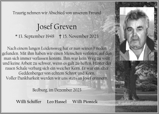 Anzeige von Josef Greven von  Werbepost 