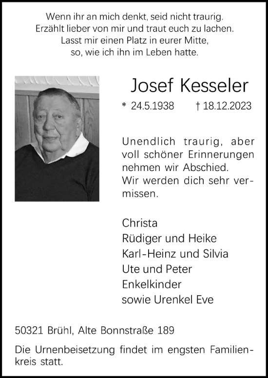 Anzeige von Josef Kesseler von  Schlossbote/Werbekurier 