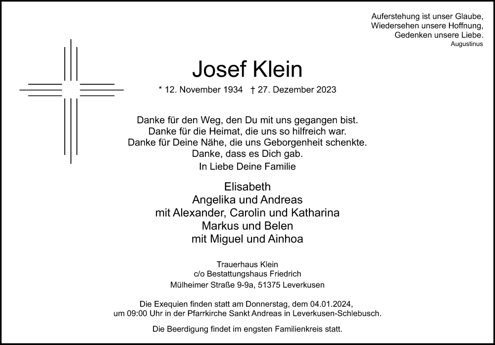  Traueranzeige für Josef Klein vom 30.12.2023 aus Kölner Stadt-Anzeiger / Kölnische Rundschau / Express