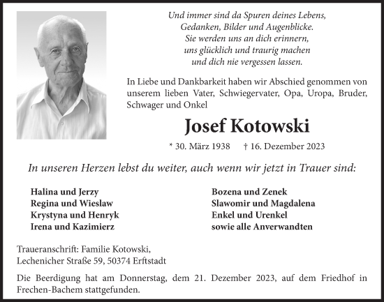 Anzeige von Josef Kotowski von  Wochenende 