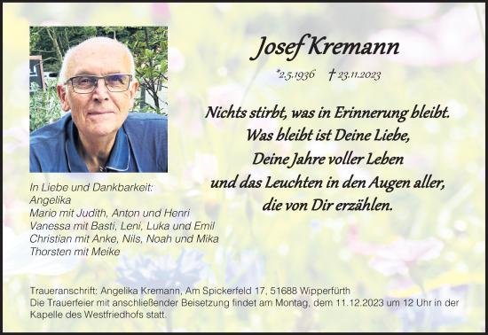 Anzeige von Josef Kremann von Kölner Stadt-Anzeiger / Kölnische Rundschau / Express