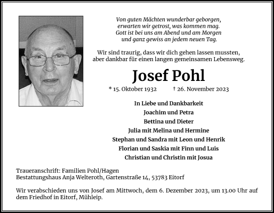 Anzeige von Josef Pohl von Kölner Stadt-Anzeiger / Kölnische Rundschau / Express