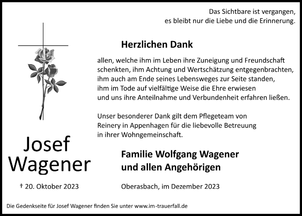  Traueranzeige für Josef Wagener vom 15.12.2023 aus  Lokalanzeiger 