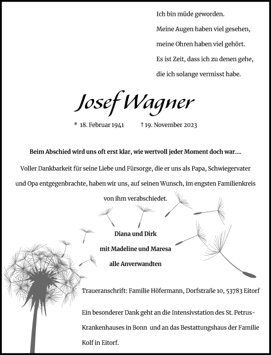 Anzeige von Josef Wagner von Kölner Stadt-Anzeiger / Kölnische Rundschau / Express