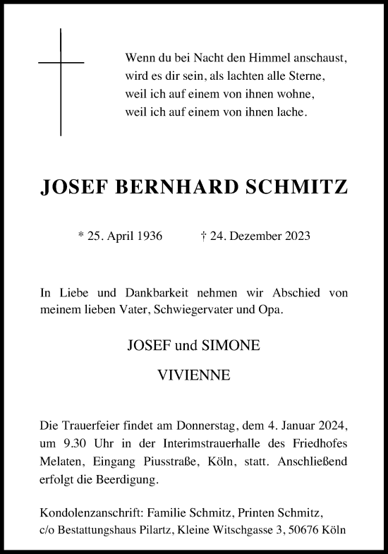Anzeige von Josef Bernhard Schmitz von Kölner Stadt-Anzeiger / Kölnische Rundschau / Express