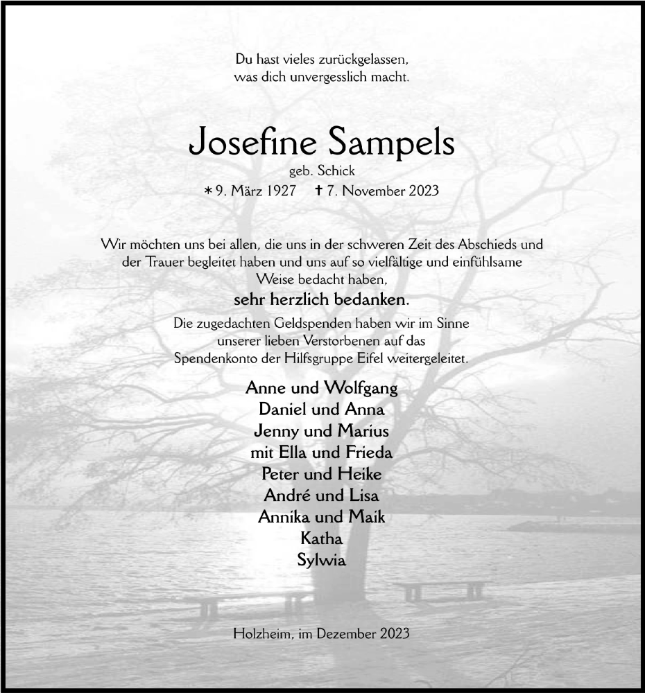  Traueranzeige für Josefine Sampels vom 16.12.2023 aus  Blickpunkt Euskirchen 