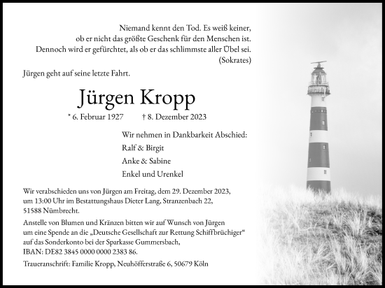 Anzeige von Jürgen Kropp von Kölner Stadt-Anzeiger / Kölnische Rundschau / Express