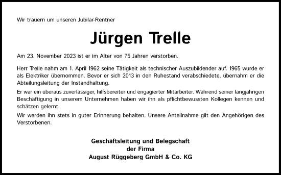 Anzeige von Jürgen Trelle von Kölner Stadt-Anzeiger / Kölnische Rundschau / Express