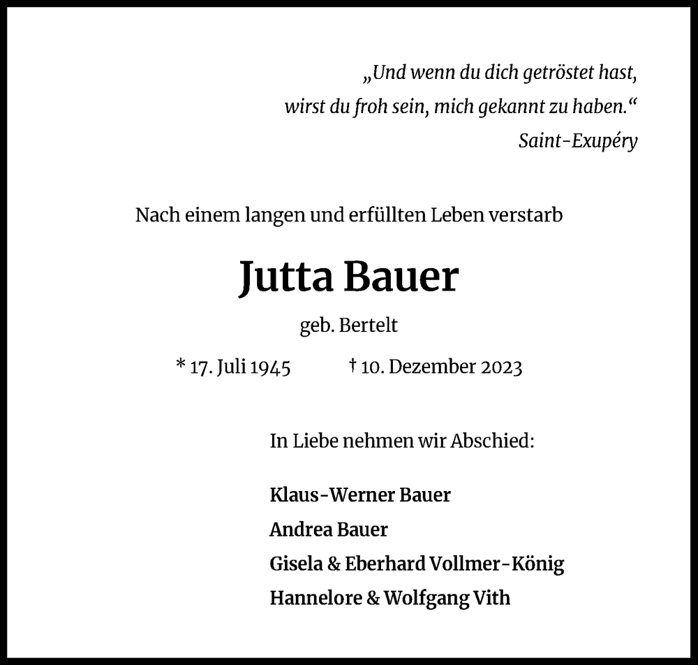  Traueranzeige für Jutta Bauer vom 16.12.2023 aus Kölner Stadt-Anzeiger / Kölnische Rundschau / Express