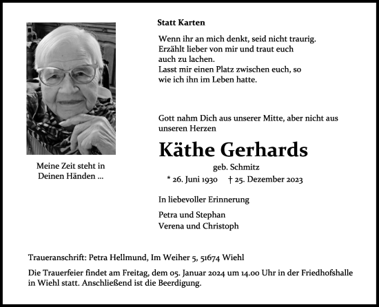 Anzeige von Käthe Gerhards von Kölner Stadt-Anzeiger / Kölnische Rundschau / Express