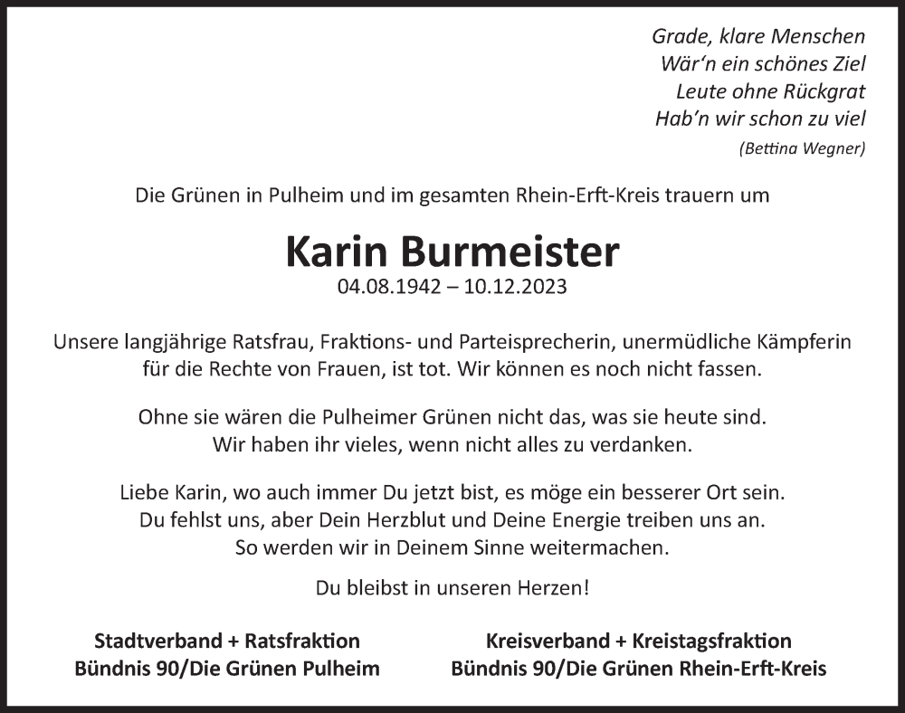  Traueranzeige für Karin Burmeister vom 22.12.2023 aus  Wochenende 