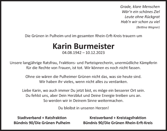 Anzeige von Karin Burmeister von  Wochenende 