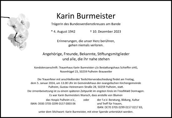 Anzeige von Karin Burmeister von Kölner Stadt-Anzeiger / Kölnische Rundschau / Express