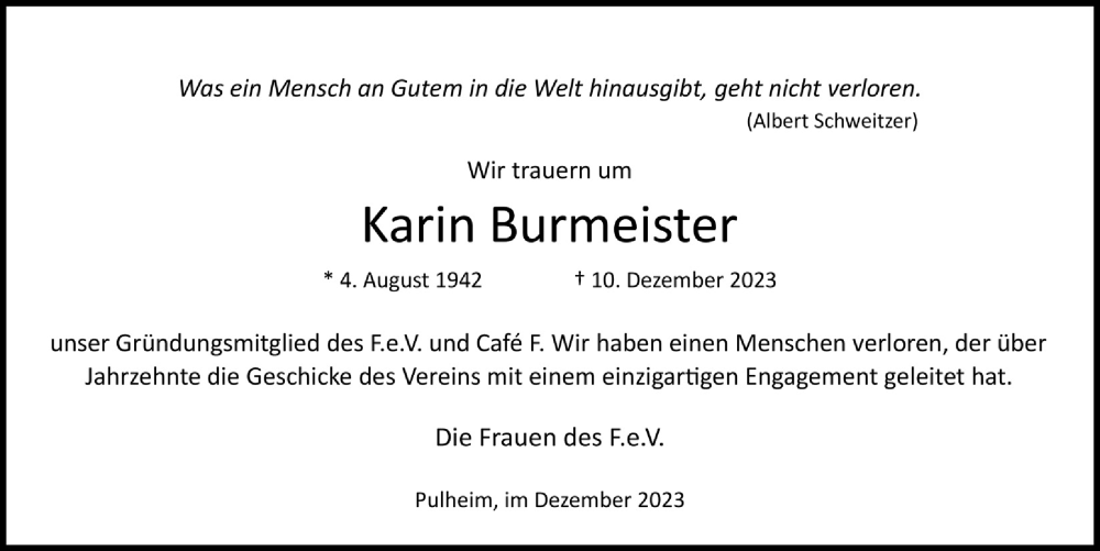  Traueranzeige für Karin Burmeister vom 22.12.2023 aus  Wochenende 