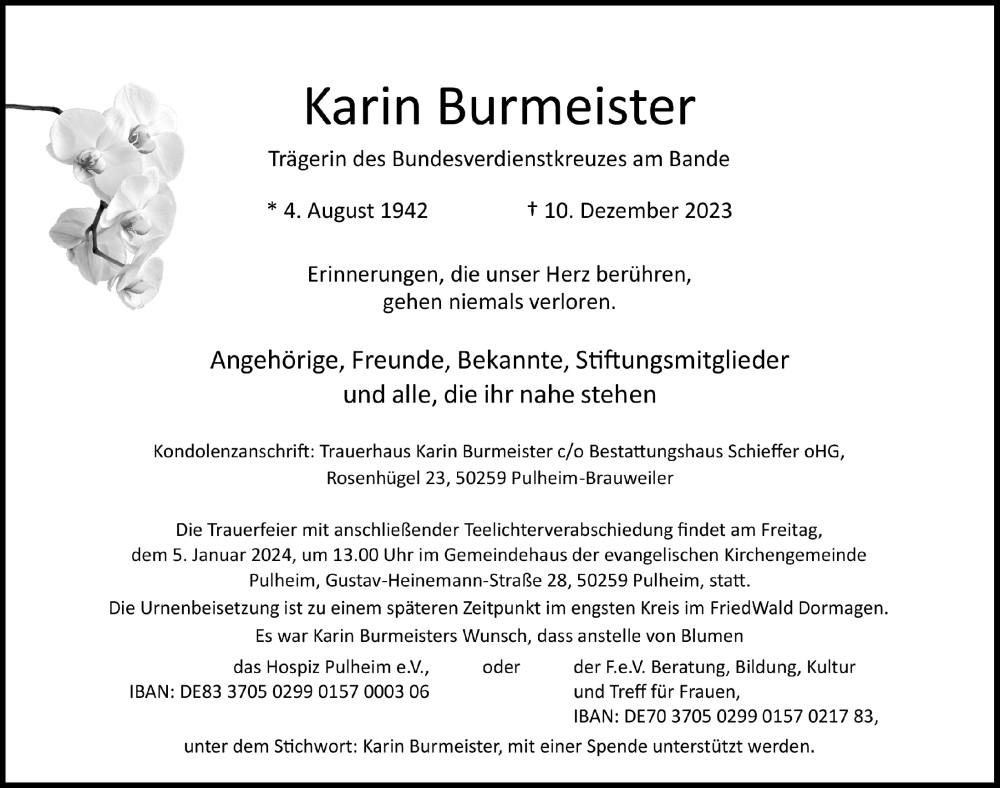  Traueranzeige für Karin Burmeister vom 22.12.2023 aus  Wochenende 