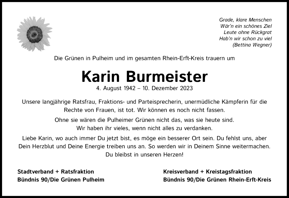  Traueranzeige für Karin Burmeister vom 23.12.2023 aus Kölner Stadt-Anzeiger / Kölnische Rundschau / Express
