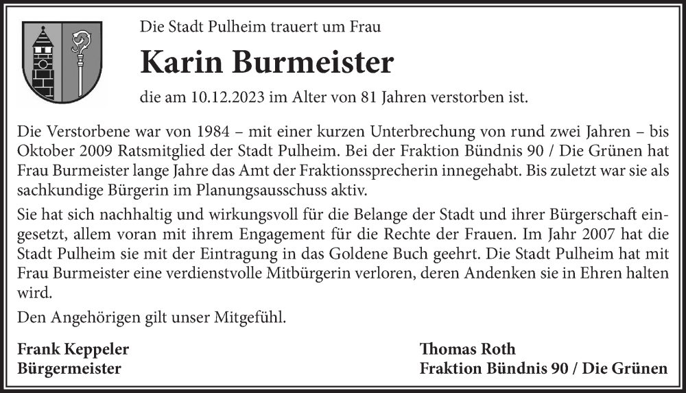  Traueranzeige für Karin Burmeister vom 22.12.2023 aus  Wochenende 