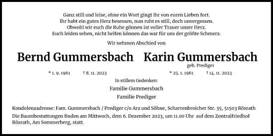 Anzeige von Karin Gummersbach von Kölner Stadt-Anzeiger / Kölnische Rundschau / Express